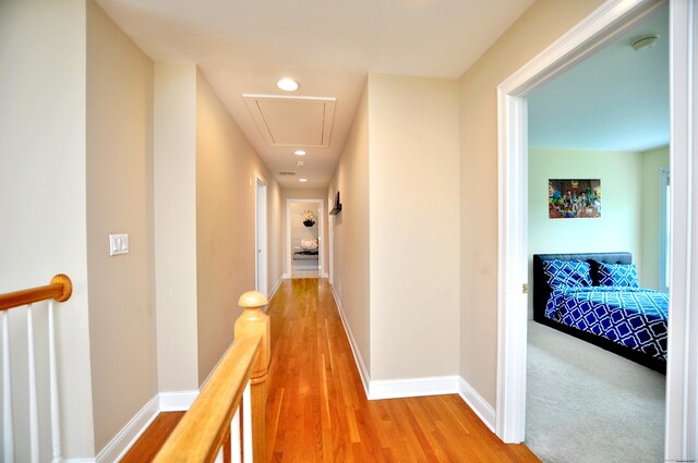 32 Arlington Dr, Avon, CT 06001 - hallway featuring attic access, light wood-style flooring, an upstairs landing, and recessed lighting