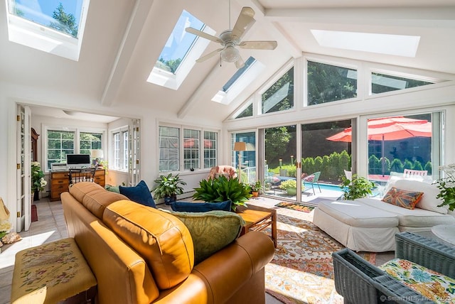 6 Trolley Xing, Old Saybrook, CT 06475 - living room featuring a skylight, beam ceiling, ceiling fan, and high vaulted ceiling