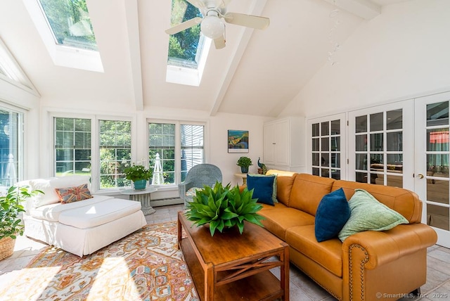6 Trolley Xing, Old Saybrook, CT 06475 - sunroom featuring french doors, a skylight, beamed ceiling, healthy amount of natural light, and high vaulted ceiling