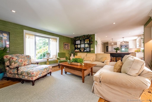 6 Trolley Xing, Old Saybrook, CT 06475 - living area featuring wallpapered walls, light wood-style flooring, and recessed lighting