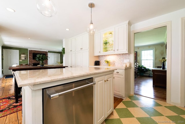 6 Trolley Xing, Old Saybrook, CT 06475 - kitchen featuring dishwasher, light flooring, white cabinets, hanging light fixtures, and recessed lighting