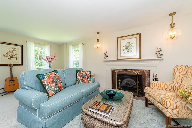 6 Trolley Xing, Old Saybrook, CT 06475 - living area featuring a brick fireplace and carpet flooring