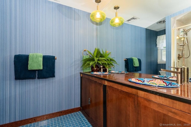 6 Trolley Xing, Old Saybrook, CT 06475 - bathroom featuring tile patterned floors, vanity, and wallpapered walls