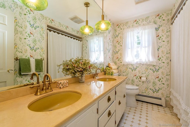 6 Trolley Xing, Old Saybrook, CT 06475 - full bath with a baseboard radiator, double vanity, wallpapered walls, and curtained shower