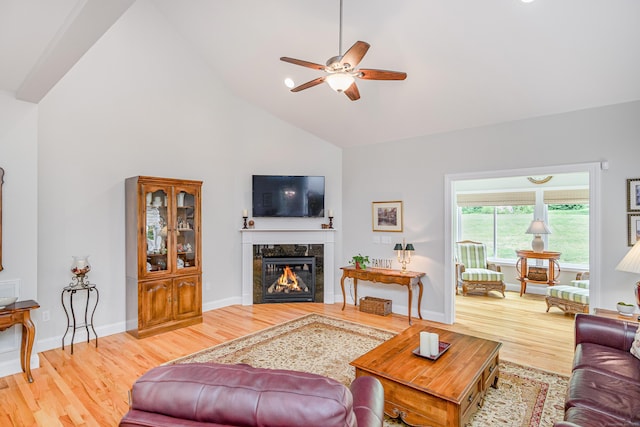 199 Meadow Brook Rd Unit 199, Oxford, CT 06478 - living room with a ceiling fan, high vaulted ceiling, wood finished floors, and a premium fireplace
