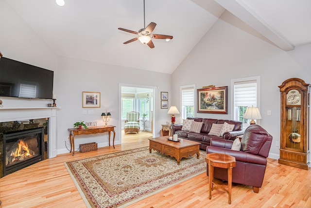 199 Meadow Brook Rd Unit 199, Oxford, CT 06478 - living room featuring ceiling fan, high vaulted ceiling, light wood-style floors, and a high end fireplace