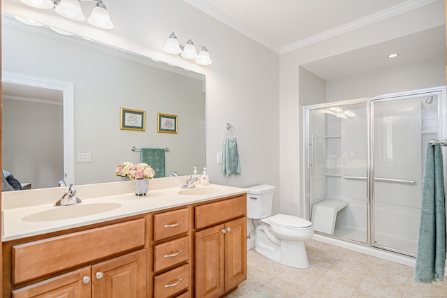 199 Meadow Brook Rd Unit 199, Oxford, CT 06478 - full bathroom featuring double vanity, ornamental molding, a shower stall, and tile patterned floors
