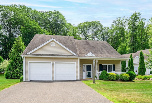199 Meadow Brook Rd Unit 199, Oxford, CT 06478 - view of front of house featuring asphalt driveway, an attached garage, covered porch, a front yard, and a shingled roof