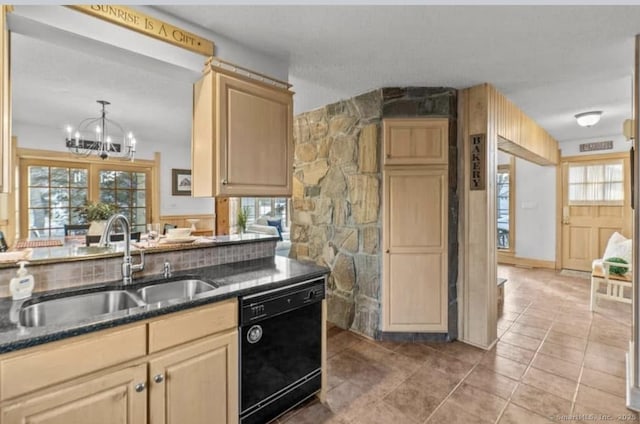 32 Meeks Point Rd, East Hampton, CT 06424 - kitchen featuring black dishwasher, a chandelier, light brown cabinets, and light tile patterned floors