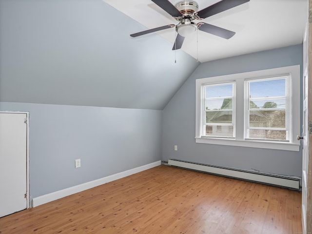 88 Amsterdam Ave, Bridgeport, CT 06606 - additional living space with a baseboard heating unit, lofted ceiling, wood finished floors, and a ceiling fan