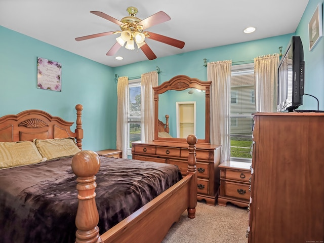 88 Amsterdam Ave, Bridgeport, CT 06606 - bedroom with light carpet, multiple windows, ceiling fan, and recessed lighting
