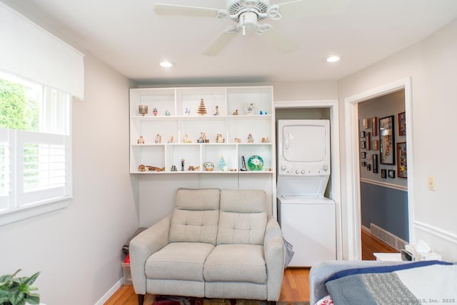 2 Oak Ter, Stratford, CT 06614 - sitting room featuring estacked washer and dryer, a ceiling fan, wood finished floors, and recessed lighting