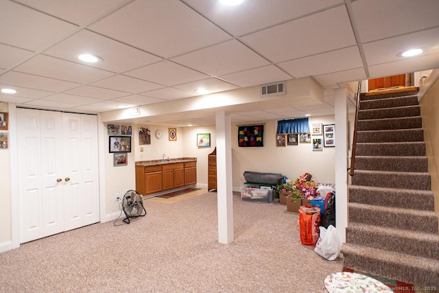 2 Oak Ter, Stratford, CT 06614 - finished below grade area with carpet, stairway, a paneled ceiling, and recessed lighting