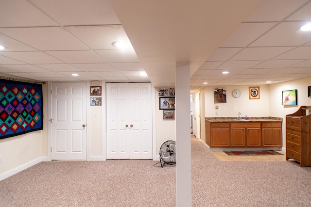2 Oak Ter, Stratford, CT 06614 - recreation room with light colored carpet, a drop ceiling, recessed lighting, and bar