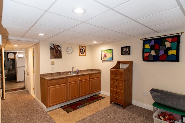 2 Oak Ter, Stratford, CT 06614 - bar area featuring freestanding refrigerator, a paneled ceiling, light colored carpet, and recessed lighting