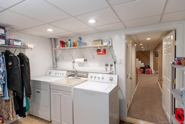2 Oak Ter, Stratford, CT 06614 - laundry area with washer and clothes dryer, cabinet space, recessed lighting, and light carpet