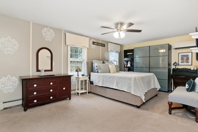 630 Fairview Ave, Bridgeport, CT 06606 - bedroom with a wall mounted air conditioner, light colored carpet, a baseboard heating unit, and ceiling fan