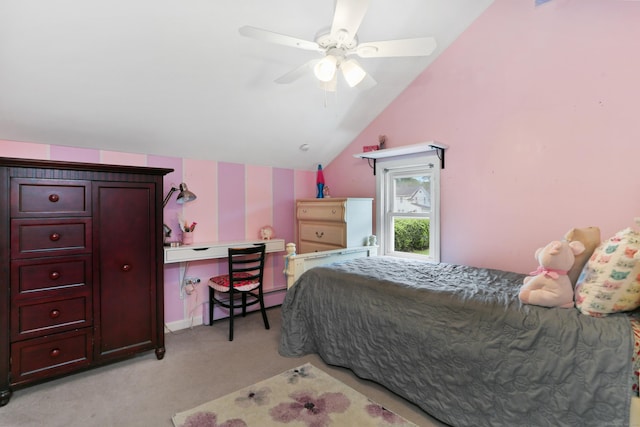 630 Fairview Ave, Bridgeport, CT 06606 - bedroom featuring light colored carpet, vaulted ceiling, a baseboard heating unit, and ceiling fan
