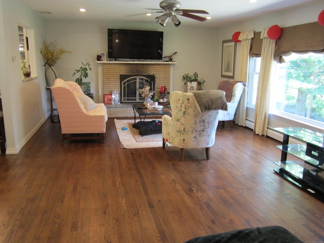 21 Kingswood Rd, Danbury, CT 06811 - living room featuring a ceiling fan, a brick fireplace, recessed lighting, and wood finished floors