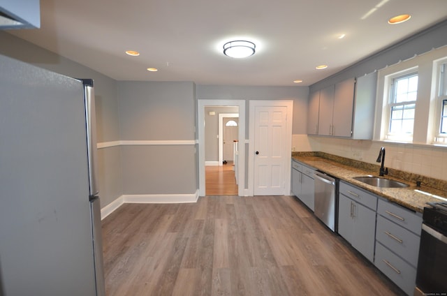 954 Birmingham St, Bridgeport, CT 06606 - kitchen featuring freestanding refrigerator, dishwasher, gray cabinetry, wood finished floors, and recessed lighting