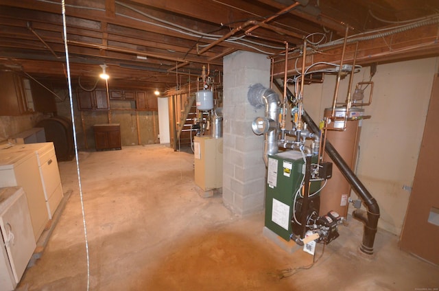 335 Wiklund Ave, Stratford, CT 06614 - unfinished below grade area featuring separate washer and dryer, stairs, and a heating unit