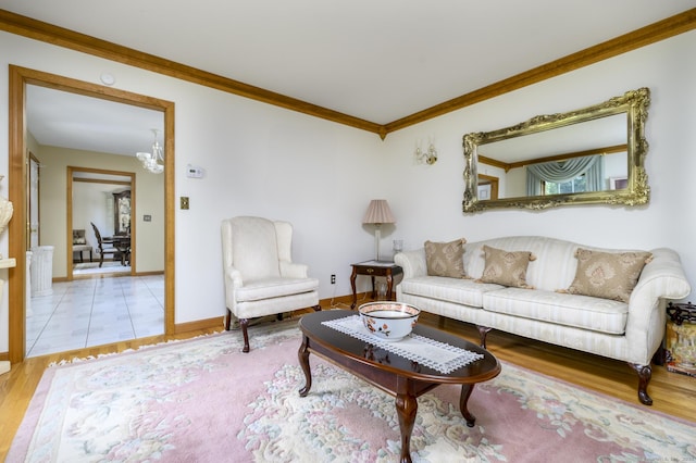 491 Hammertown Rd, Monroe, CT 06468 - living room with wood finished floors, crown molding, and a chandelier