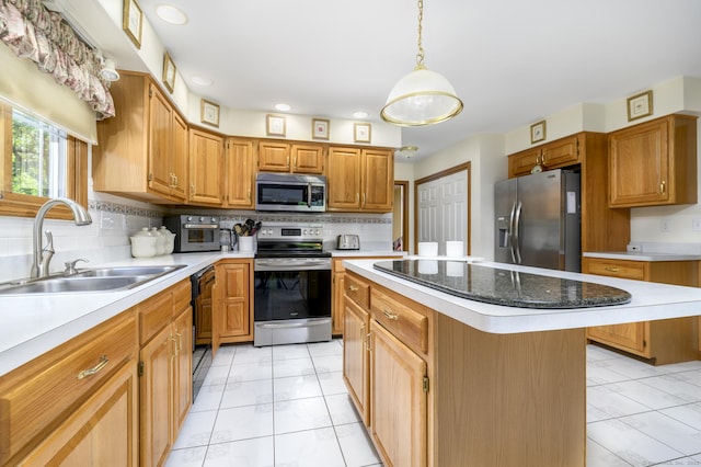 491 Hammertown Rd, Monroe, CT 06468 - kitchen with stainless steel appliances, a kitchen island, tasteful backsplash, light tile patterned floors, and recessed lighting