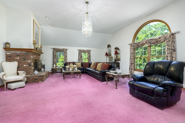 491 Hammertown Rd, Monroe, CT 06468 - carpeted living area with plenty of natural light, vaulted ceiling, and a chandelier