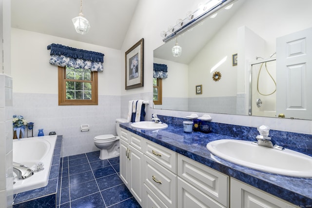 491 Hammertown Rd, Monroe, CT 06468 - full bath featuring double vanity, a bath, tile patterned flooring, lofted ceiling, and a stall shower