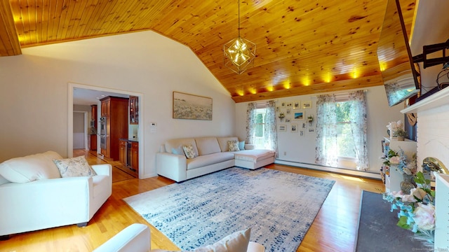 803 Grassy Hill Rd, Orange, CT 06477 - living area featuring wooden ceiling, a baseboard radiator, wood finished floors, and high vaulted ceiling