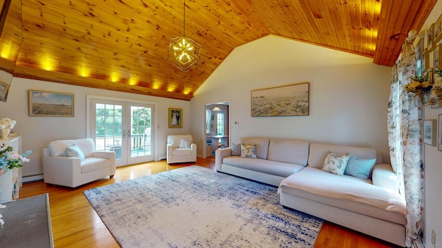 803 Grassy Hill Rd, Orange, CT 06477 - living area with wooden ceiling, a baseboard radiator, light wood-style flooring, and high vaulted ceiling