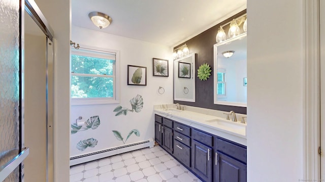 803 Grassy Hill Rd, Orange, CT 06477 - bathroom with a baseboard heating unit, double vanity, and tile patterned floors