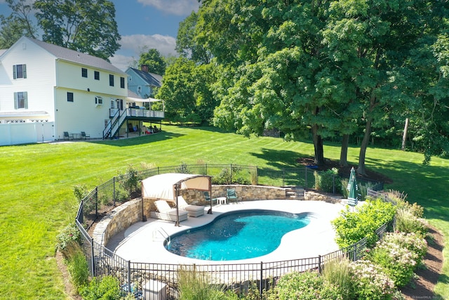 803 Grassy Hill Rd, Orange, CT 06477 - view of pool featuring a fenced backyard, a wooden deck, stairs, a patio, and view of wooded area