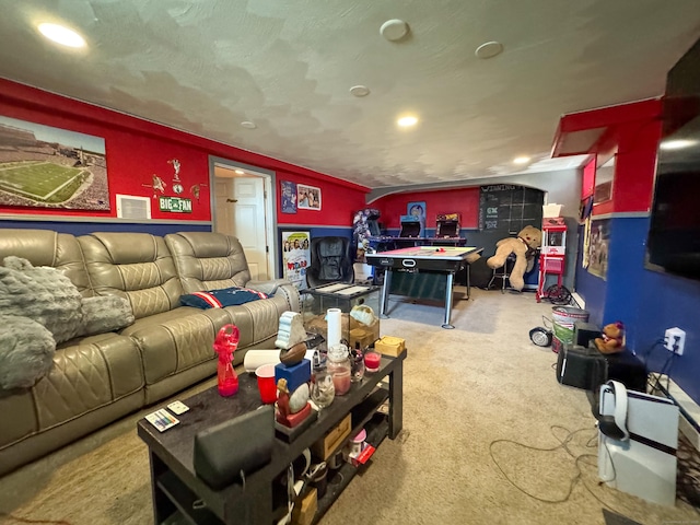 1589 Main St, East Hartford, CT 06108 - living area featuring a wood stove, carpet floors, and recessed lighting