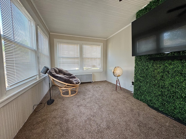 1589 Main St, East Hartford, CT 06108 - living area with radiator, carpet, and ornamental molding