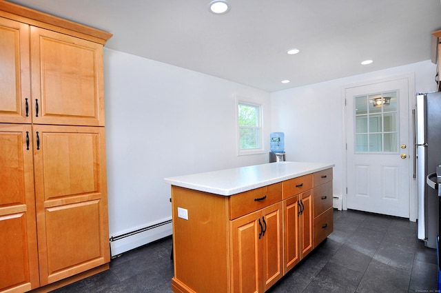 47 Westwood Dr, Simsbury, CT 06070 - kitchen featuring baseboard heating, a kitchen island, recessed lighting, and light countertops