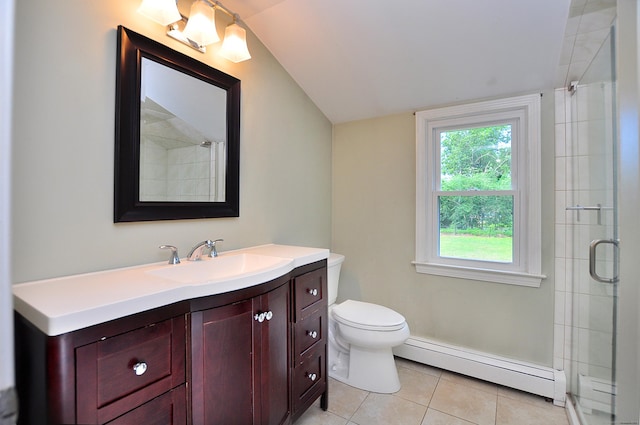 47 Westwood Dr, Simsbury, CT 06070 - bathroom featuring baseboard heating, tile patterned flooring, vanity, lofted ceiling, and a shower with door