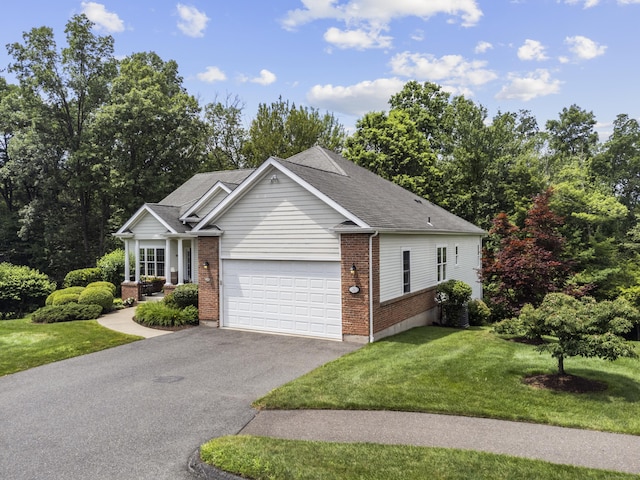 39 Emily Way Unit 39, West Hartford, CT 06107 - ranch-style home with asphalt driveway, an attached garage, brick siding, a front lawn, and roof with shingles