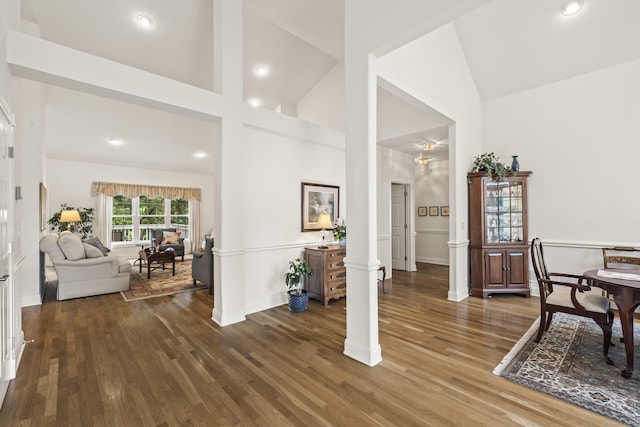 39 Emily Way Unit 39, West Hartford, CT 06107 - home office featuring high vaulted ceiling, wood finished floors, recessed lighting, and decorative columns