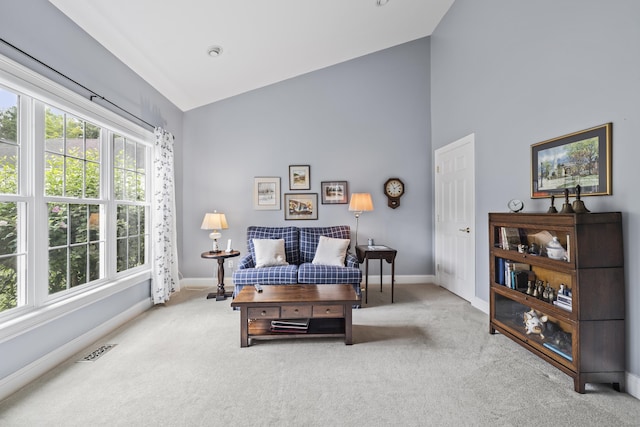39 Emily Way Unit 39, West Hartford, CT 06107 - carpeted living area with baseboards and high vaulted ceiling