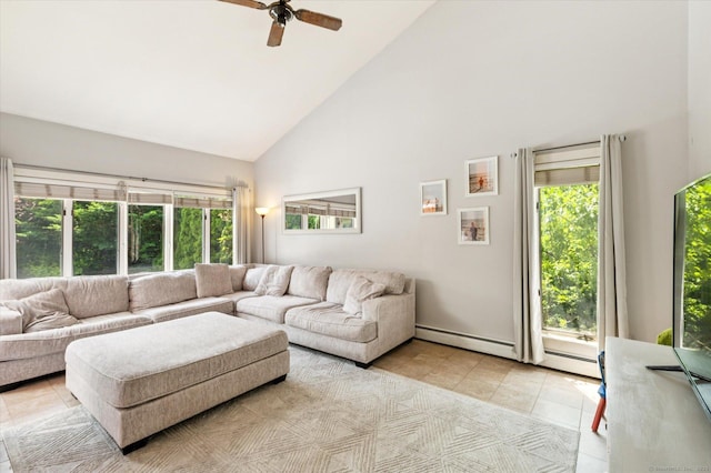 80 Tuckie Rd, Windham, CT 06280 - living area featuring high vaulted ceiling, a ceiling fan, plenty of natural light, and light tile patterned flooring
