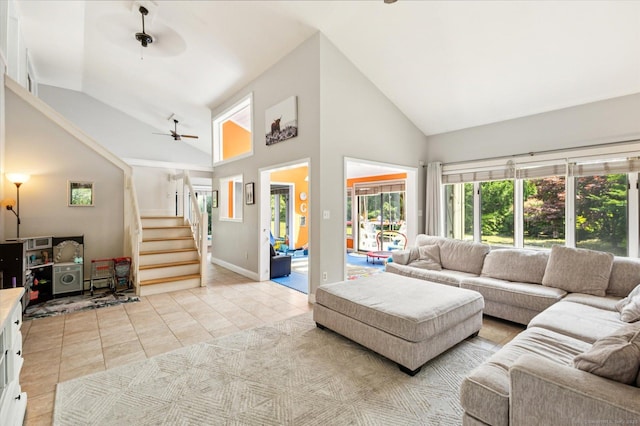 80 Tuckie Rd, Windham, CT 06280 - living area featuring high vaulted ceiling, stairs, light tile patterned floors, and a ceiling fan