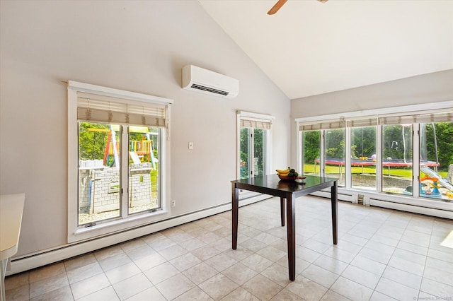 80 Tuckie Rd, Windham, CT 06280 - unfurnished dining area featuring a wall mounted air conditioner, high vaulted ceiling, a baseboard heating unit, a ceiling fan, and light tile patterned floors