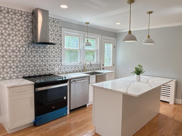2125 Shepard Ave, Hamden, CT 06518 - kitchen featuring electric stove, wall chimney range hood, stainless steel dishwasher, light wood finished floors, and crown molding