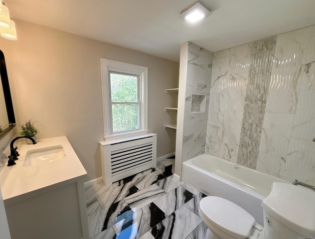 2125 Shepard Ave, Hamden, CT 06518 - full bath featuring vanity, marble look tile flooring, washtub / shower combination, and heating unit