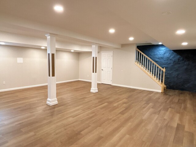 2125 Shepard Ave, Hamden, CT 06518 - finished basement featuring wood finished floors, recessed lighting, and stairs