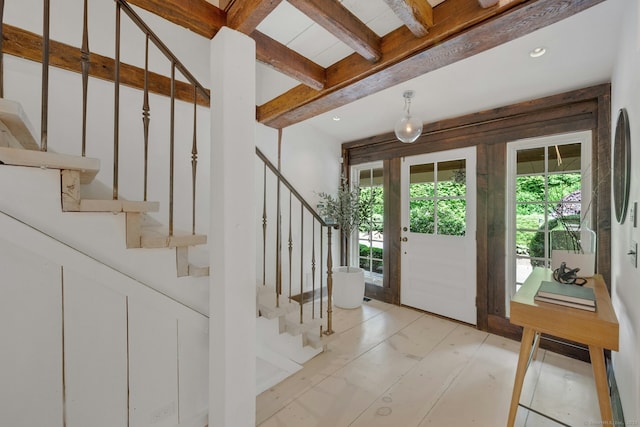 2024 Stratfield Rd, Fairfield, CT 06825 - entryway with plenty of natural light, stairway, beam ceiling, and recessed lighting