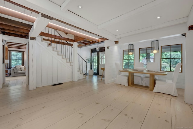 2024 Stratfield Rd, Fairfield, CT 06825 - interior space with beamed ceiling, stairway, light wood-style floors, and recessed lighting