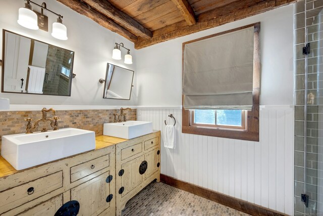 2024 Stratfield Rd, Fairfield, CT 06825 - full bath with a wood ceiling with exposed beams, double vanity, and wainscoting