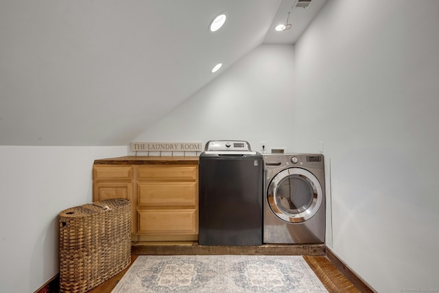 2024 Stratfield Rd, Fairfield, CT 06825 - laundry area with washer and dryer, dark wood finished floors, and recessed lighting